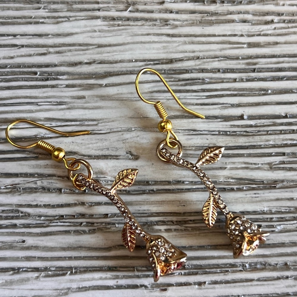 Gold and Red Rose Dangle Earrings - Picture 3 of 5